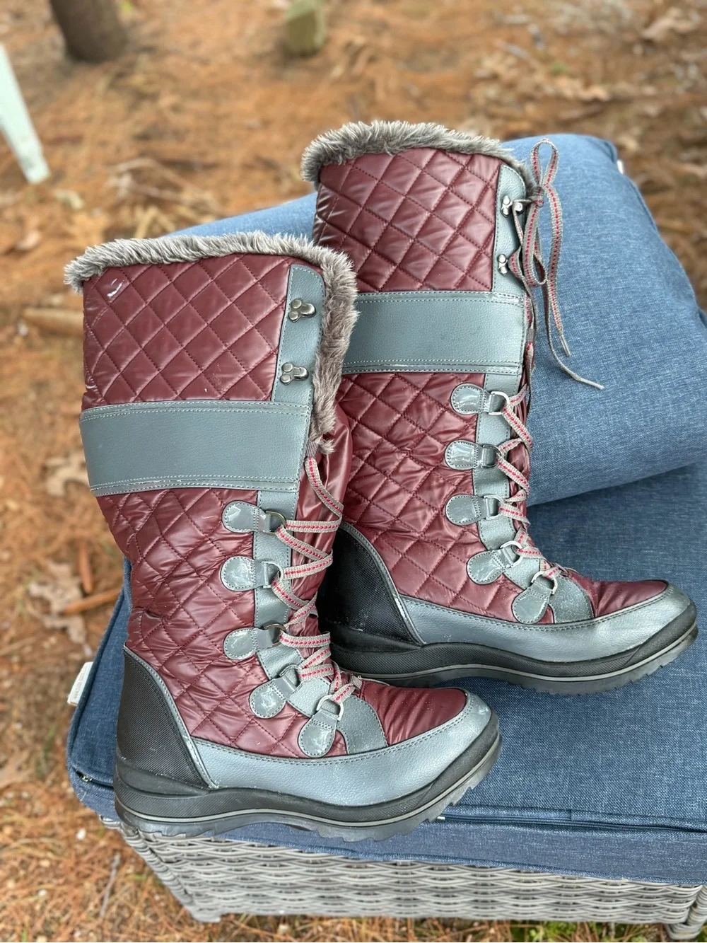 Women's Quilted Faux-Fur Winter Boots - Gray and Burgundy- waterproof